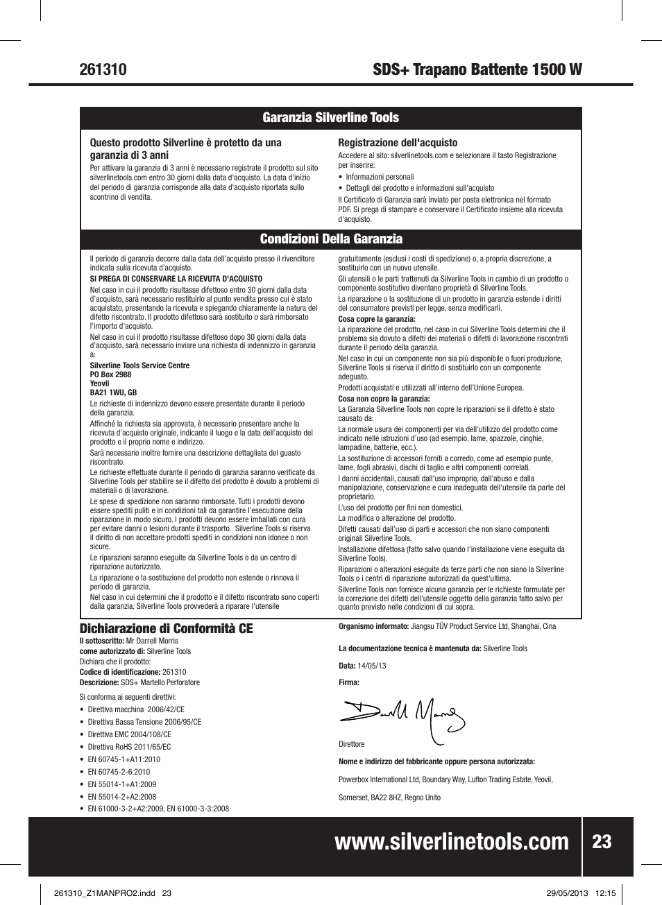 Dichiarazione di conformità ce | Silverline 1500W SDS Plus Hammer Drill User Manual | Page 24 / 28