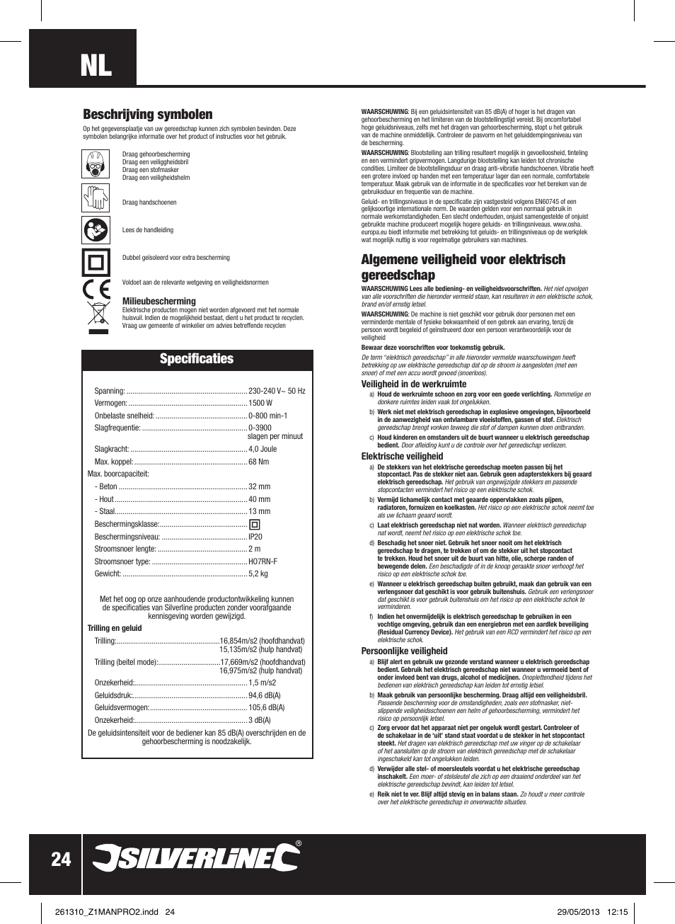 Algemene veiligheid voor elektrisch gereedschap, Beschrijving symbolen, Specificaties | Silverline 1500W SDS Plus Hammer Drill User Manual | Page 25 / 28