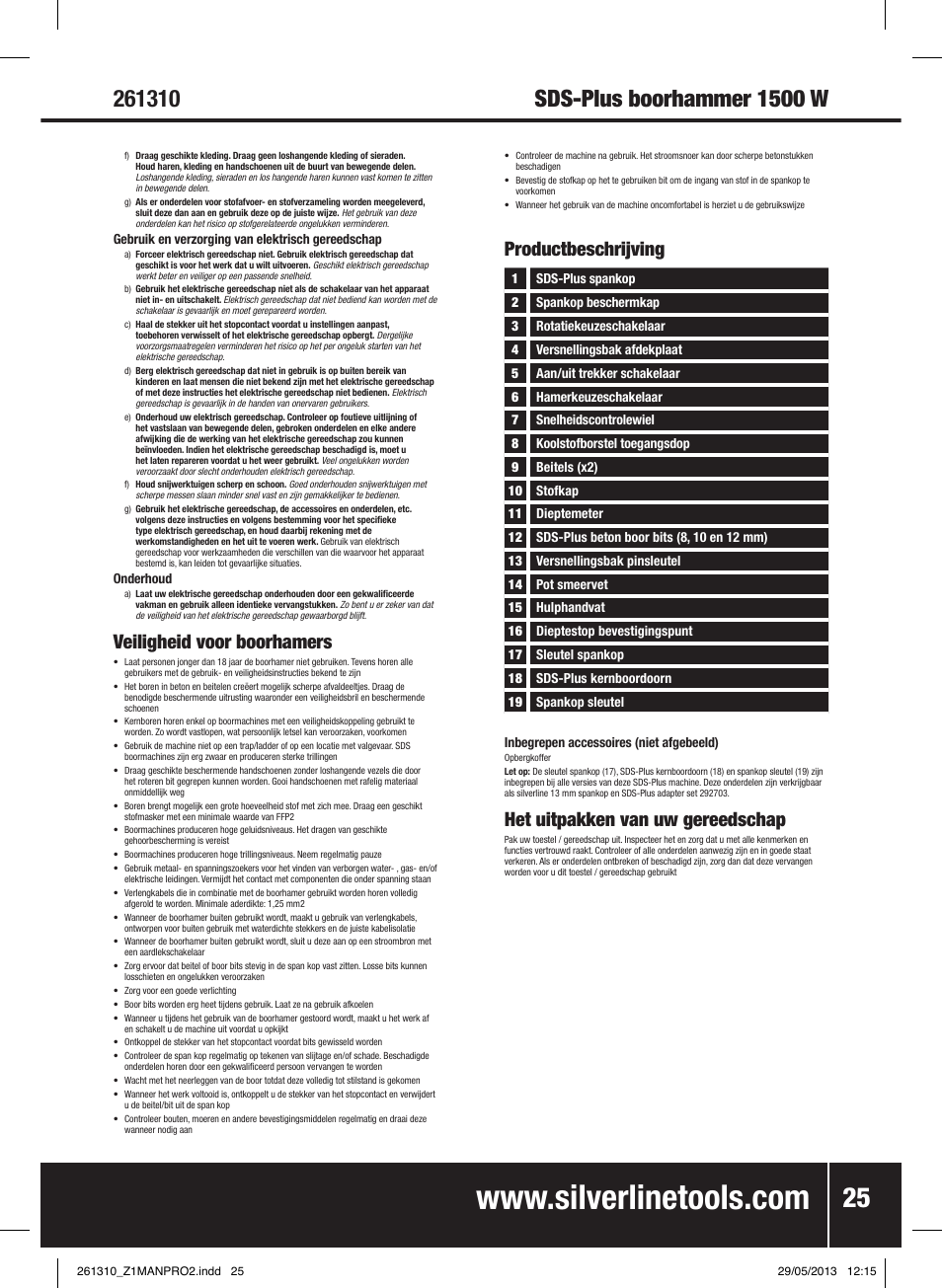 Veiligheid voor boorhamers, Productbeschrijving, Het uitpakken van uw gereedschap | Silverline 1500W SDS Plus Hammer Drill User Manual | Page 26 / 28