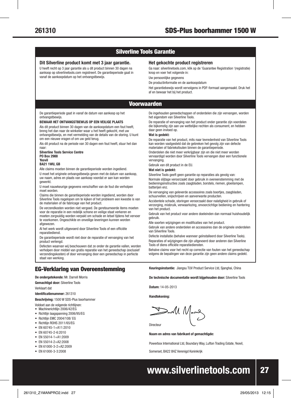 Voorwaarden silverline tools garantie, Eg-verklaring van overeenstemming | Silverline 1500W SDS Plus Hammer Drill User Manual | Page 28 / 28