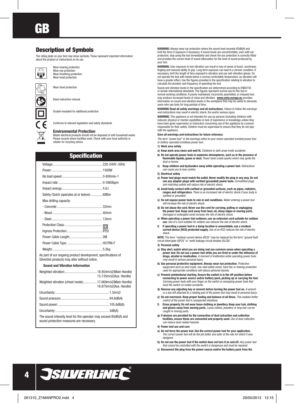 Description of symbols, Specification | Silverline 1500W SDS Plus Hammer Drill User Manual | Page 5 / 28