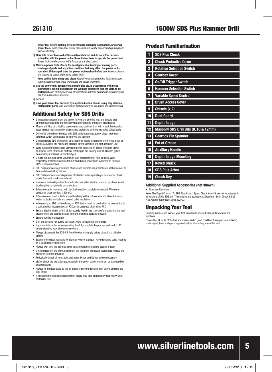 Product familiarisation, Additional safety for sds drills, Unpacking your tool | Silverline 1500W SDS Plus Hammer Drill User Manual | Page 6 / 28
