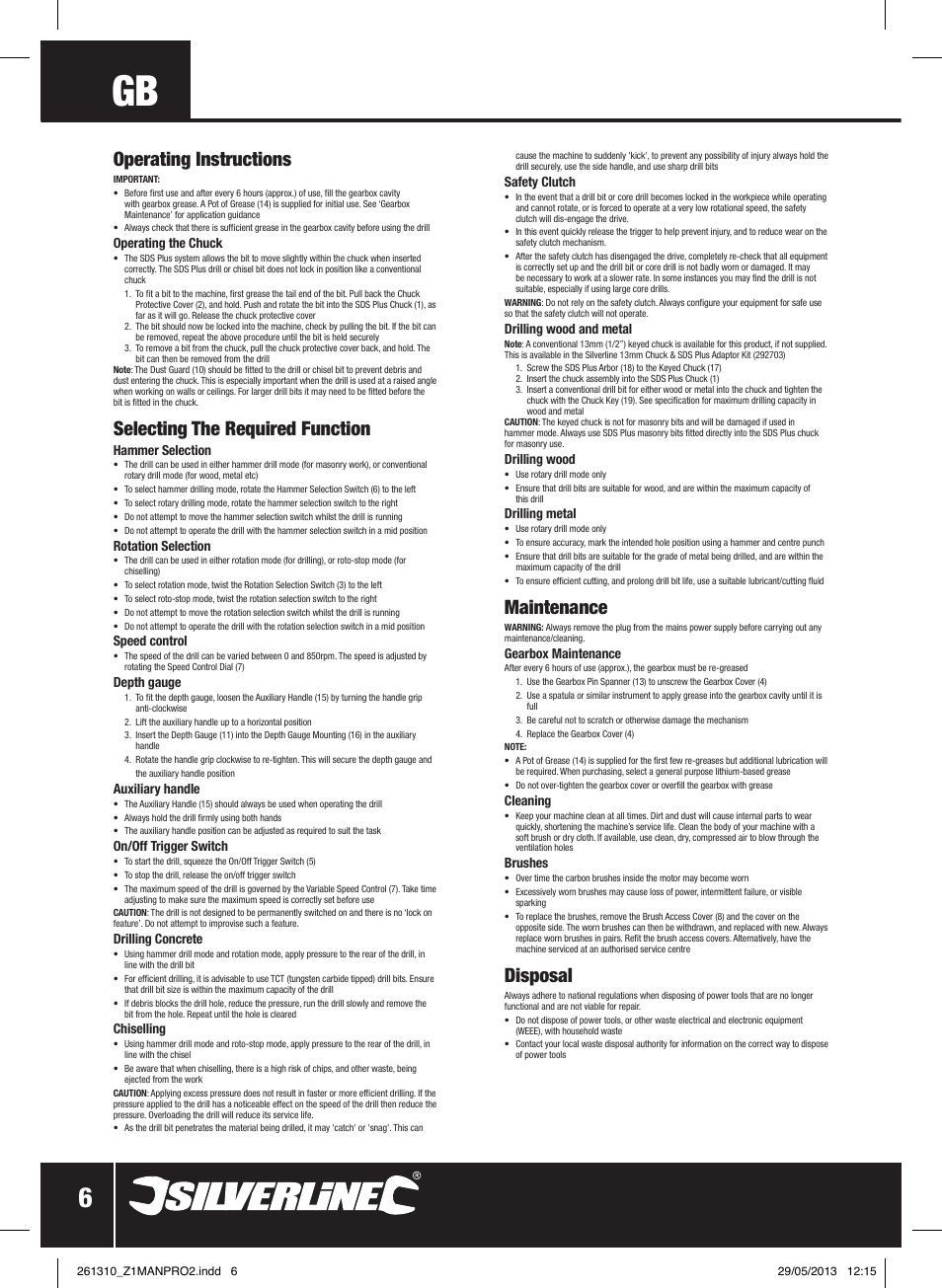 Operating instructions, Selecting the required function, Maintenance | Disposal | Silverline 1500W SDS Plus Hammer Drill User Manual | Page 7 / 28