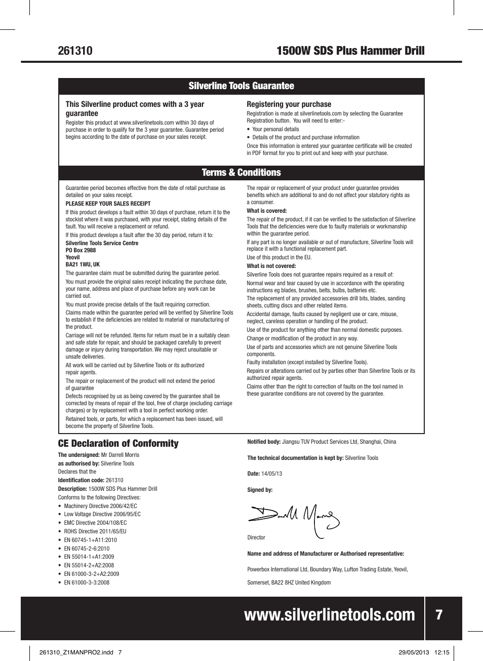 Terms & conditions silverline tools guarantee, Ce declaration of conformity | Silverline 1500W SDS Plus Hammer Drill User Manual | Page 8 / 28