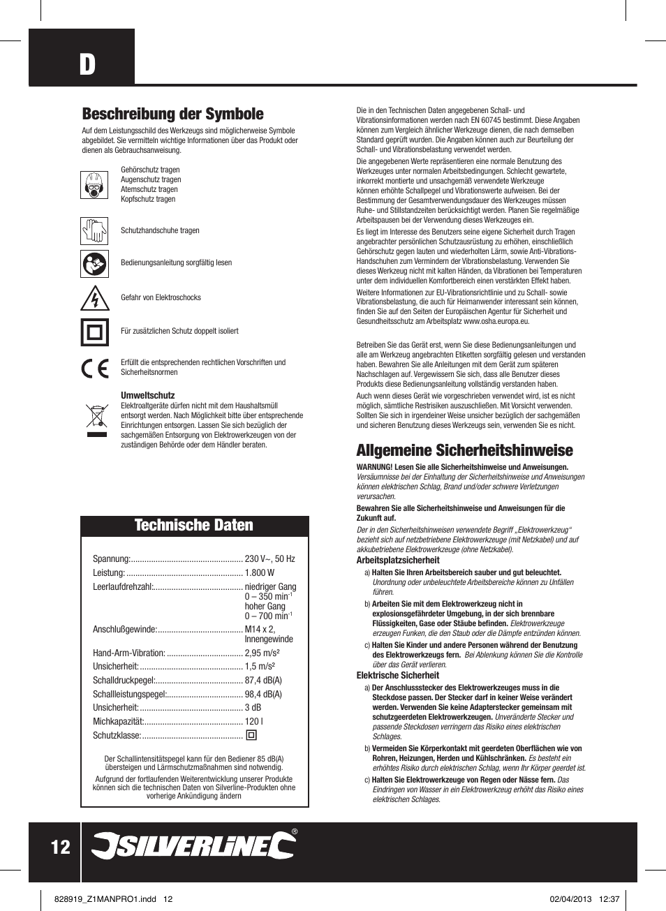 Allgemeine sicherheitshinweise, Beschreibung der symbole, Technische daten | Silverline 1800W Heavy Duty Plaster Mixer User Manual | Page 13 / 28
