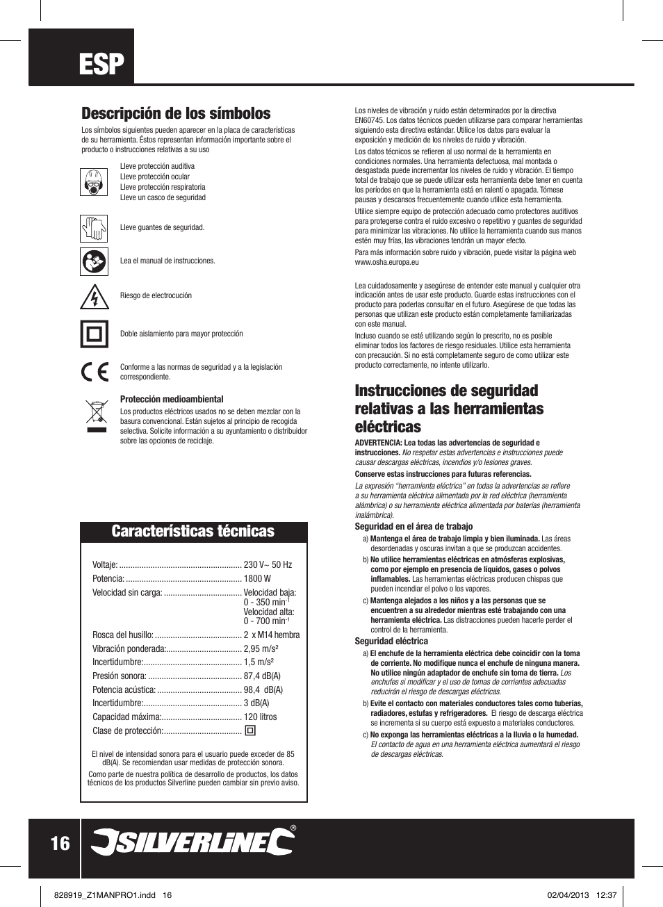 Descripción de los símbolos, Características técnicas | Silverline 1800W Heavy Duty Plaster Mixer User Manual | Page 17 / 28