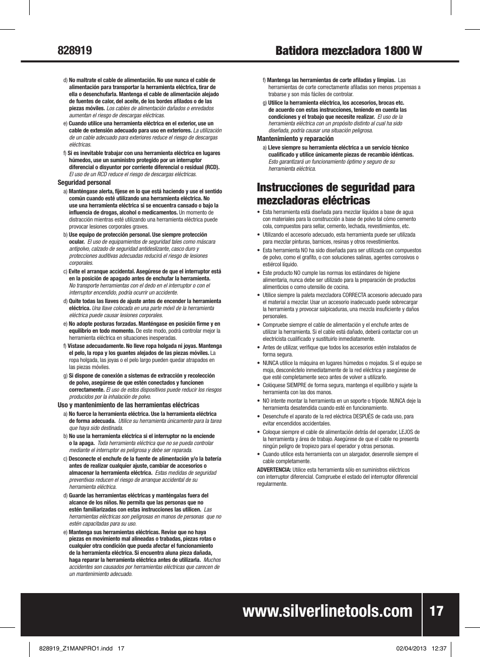 Batidora mezcladora 1800 w | Silverline 1800W Heavy Duty Plaster Mixer User Manual | Page 18 / 28