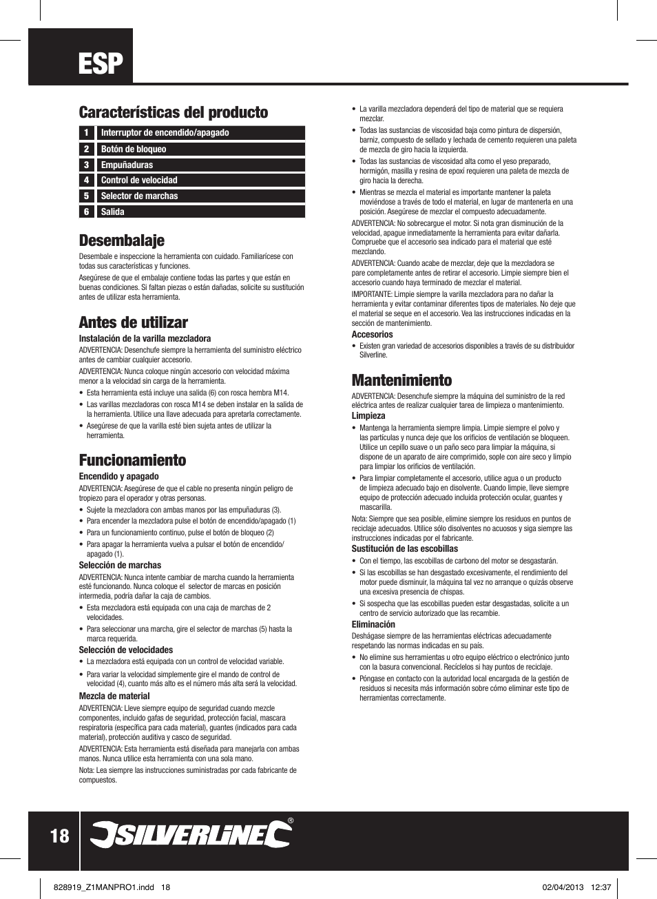 Desembalaje, Antes de utilizar, Funcionamiento | Mantenimiento, Características del producto | Silverline 1800W Heavy Duty Plaster Mixer User Manual | Page 19 / 28