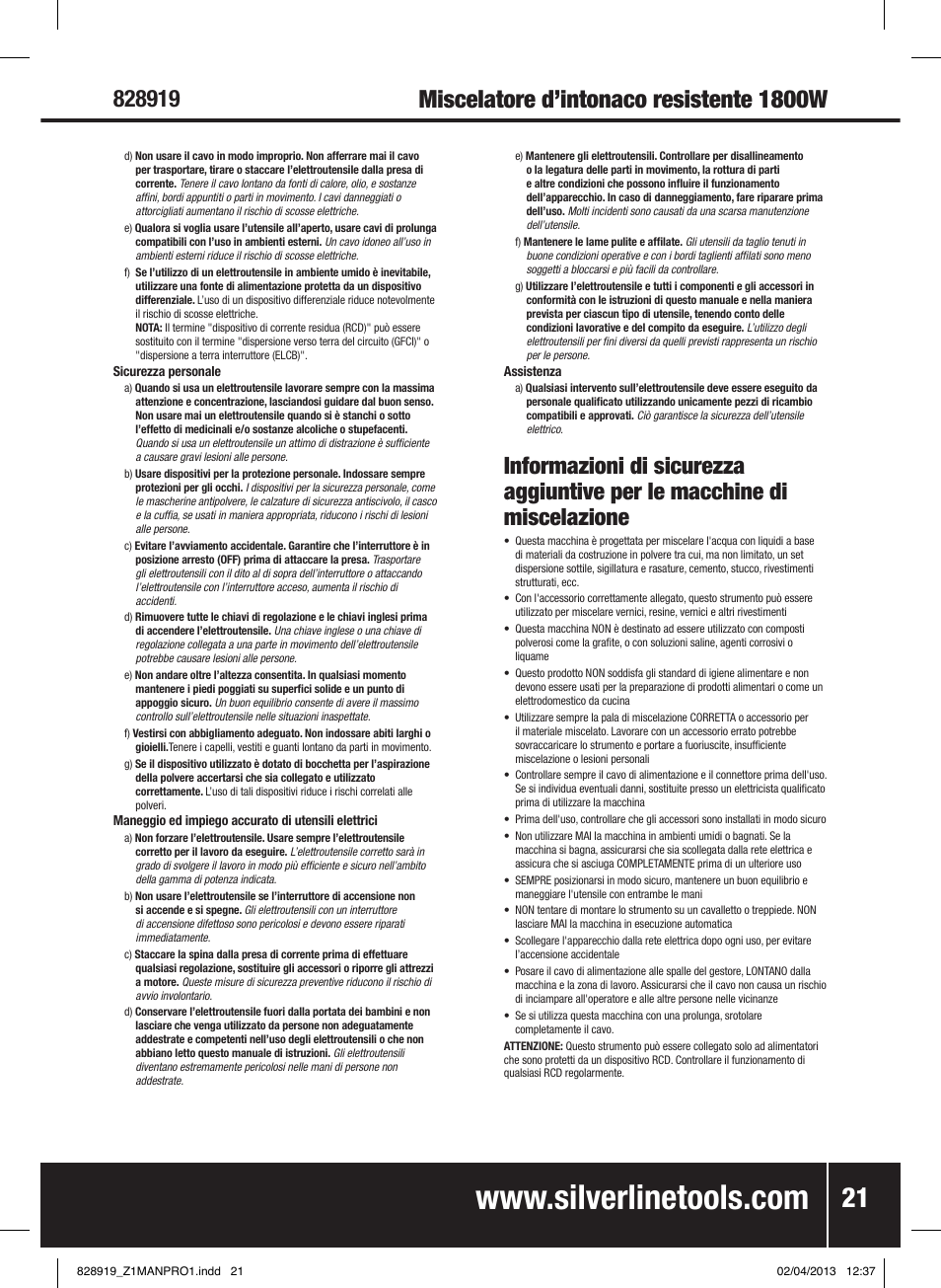 Miscelatore d’intonaco resistente 1800w | Silverline 1800W Heavy Duty Plaster Mixer User Manual | Page 22 / 28