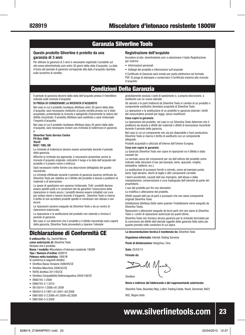 Miscelatore d’intonaco resistente 1800w, Dichiarazione di conformità ce | Silverline 1800W Heavy Duty Plaster Mixer User Manual | Page 24 / 28