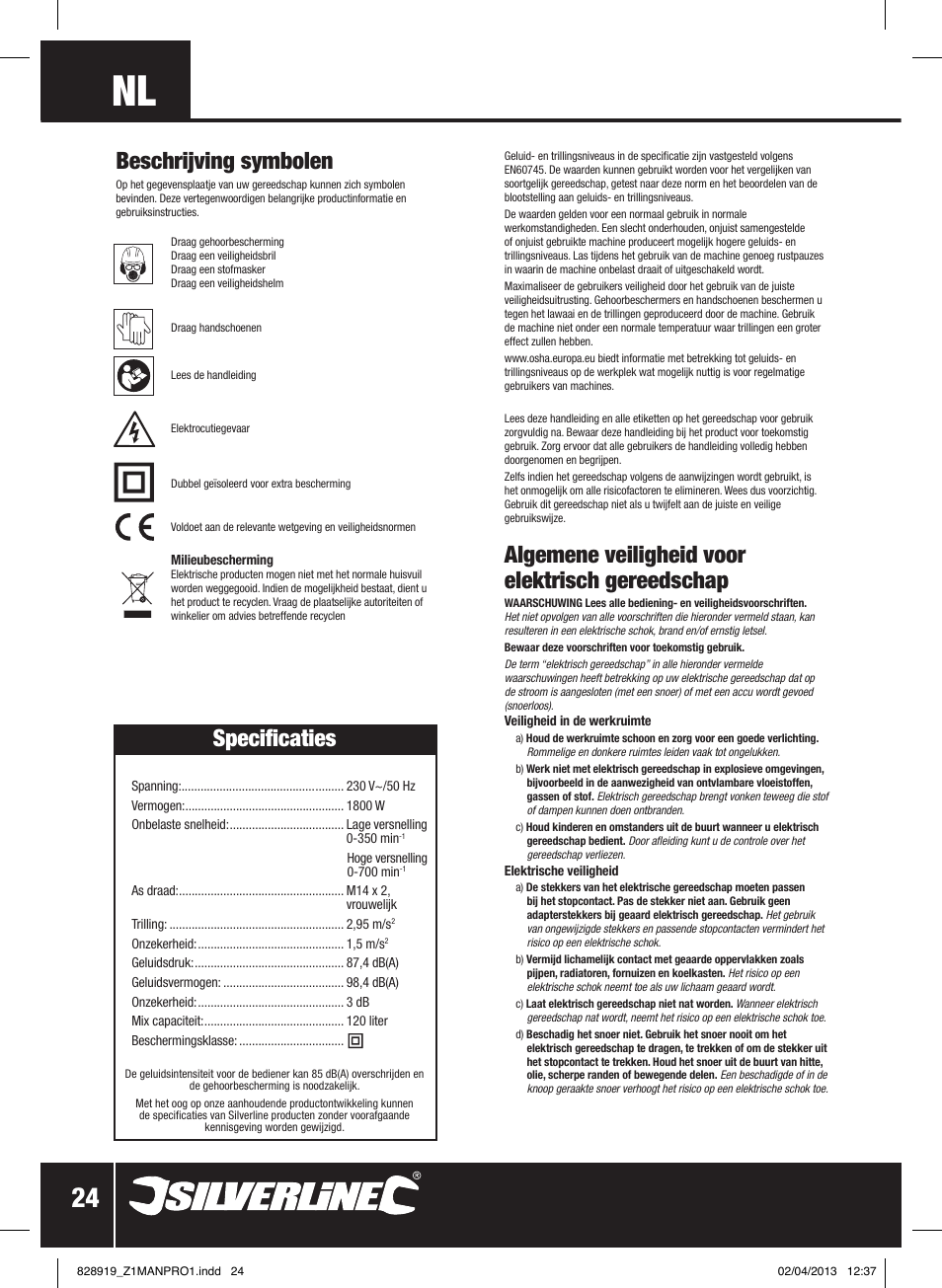 Beschrijving symbolen, Algemene veiligheid voor elektrisch gereedschap, Specificaties | Silverline 1800W Heavy Duty Plaster Mixer User Manual | Page 25 / 28