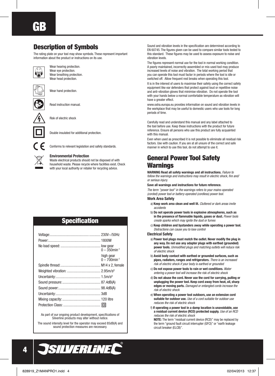 General power tool safety warnings, Description of symbols, Specification | Silverline 1800W Heavy Duty Plaster Mixer User Manual | Page 5 / 28