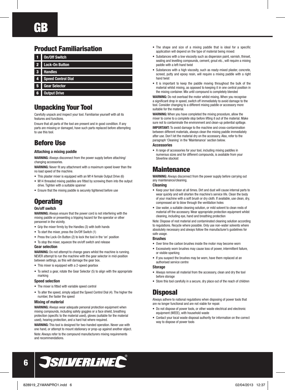 Unpacking your tool, Before use, Operating | Product familiarisation, Maintenance, Disposal | Silverline 1800W Heavy Duty Plaster Mixer User Manual | Page 7 / 28