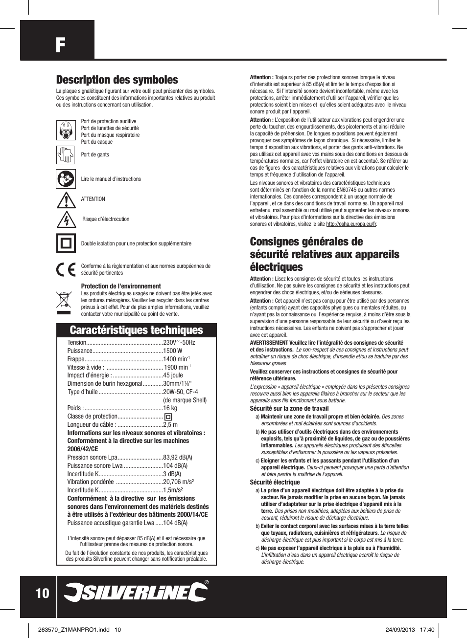 Caractéristiques techniques, Description des symboles | Silverline 1500W Electric Breaker User Manual | Page 11 / 40