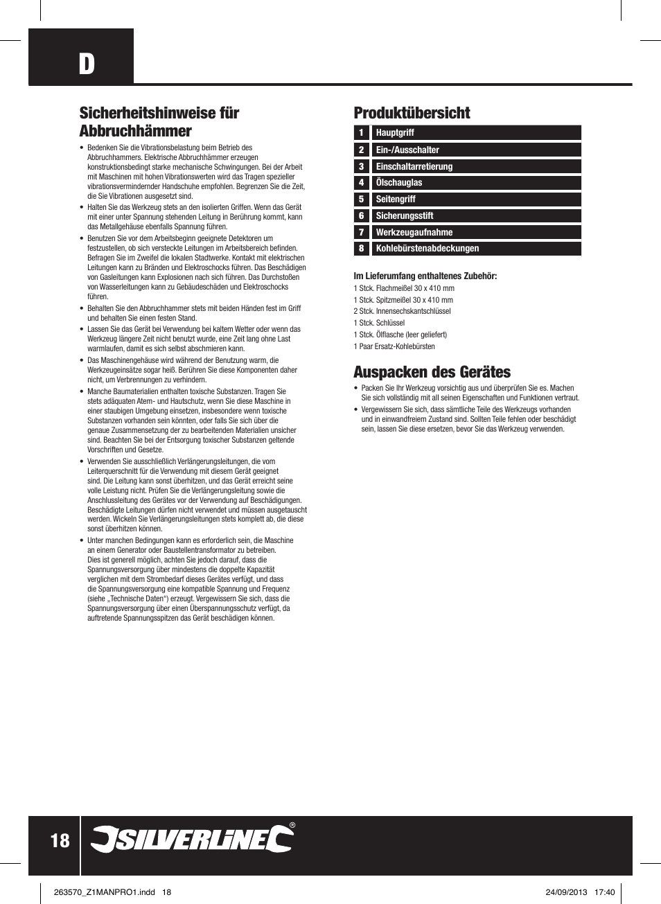 Sicherheitshinweise für abbruchhämmer, Produktübersicht, Auspacken des gerätes | Silverline 1500W Electric Breaker User Manual | Page 19 / 40