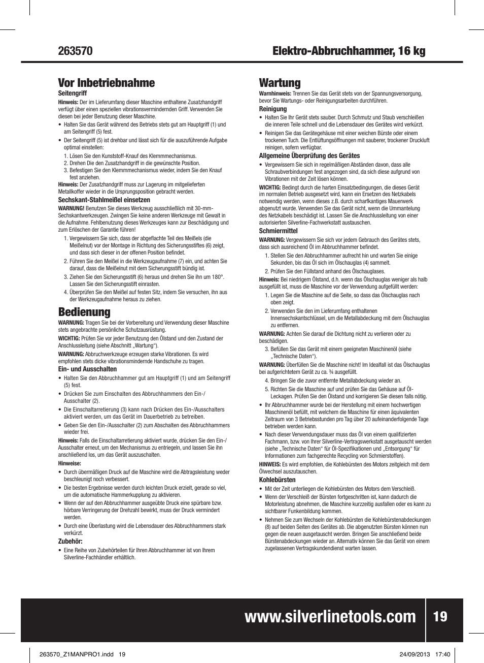 Vor inbetriebnahme, Bedienung | Silverline 1500W Electric Breaker User Manual | Page 20 / 40