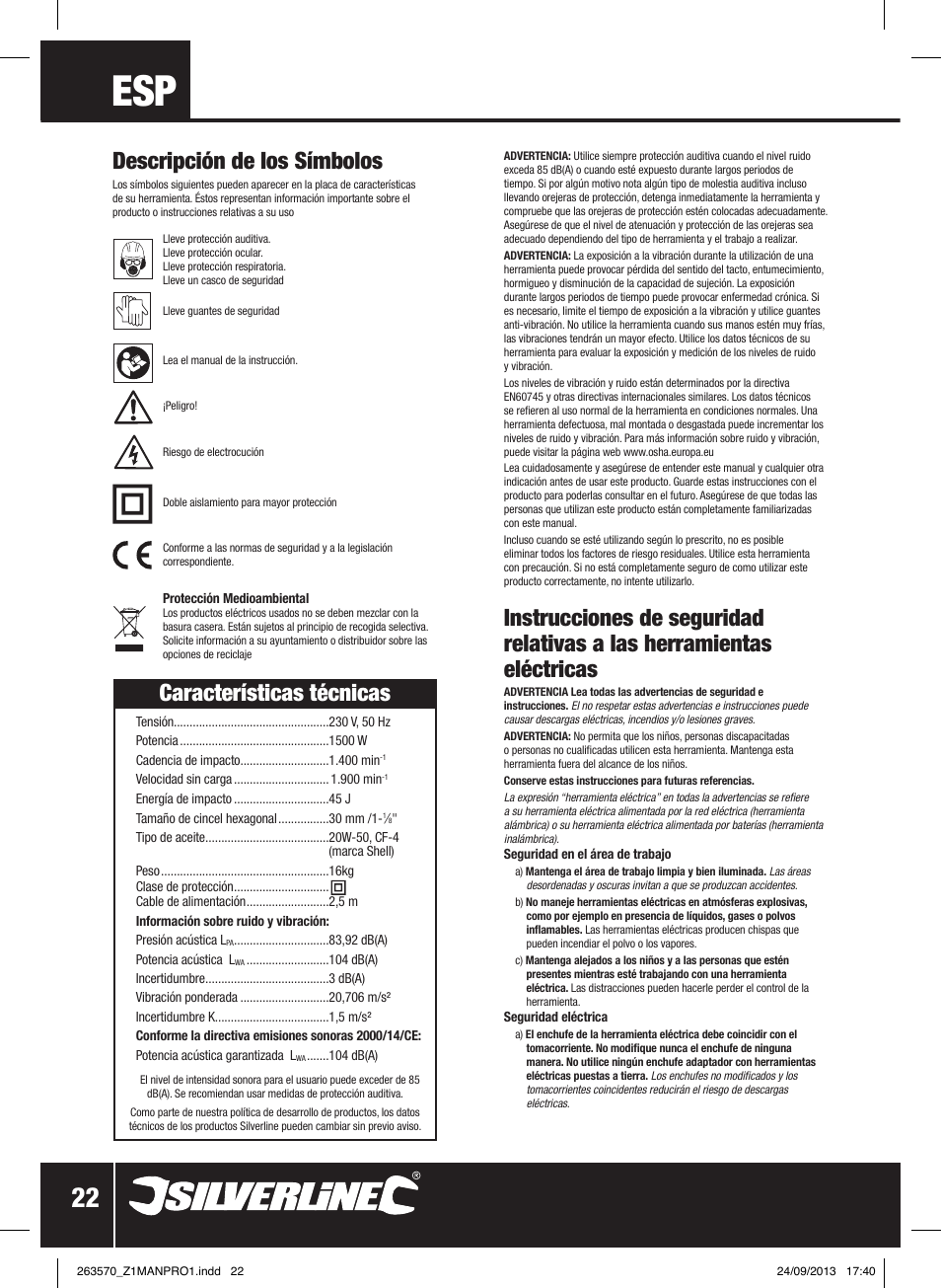 Características técnicas, Descripción de los símbolos | Silverline 1500W Electric Breaker User Manual | Page 23 / 40