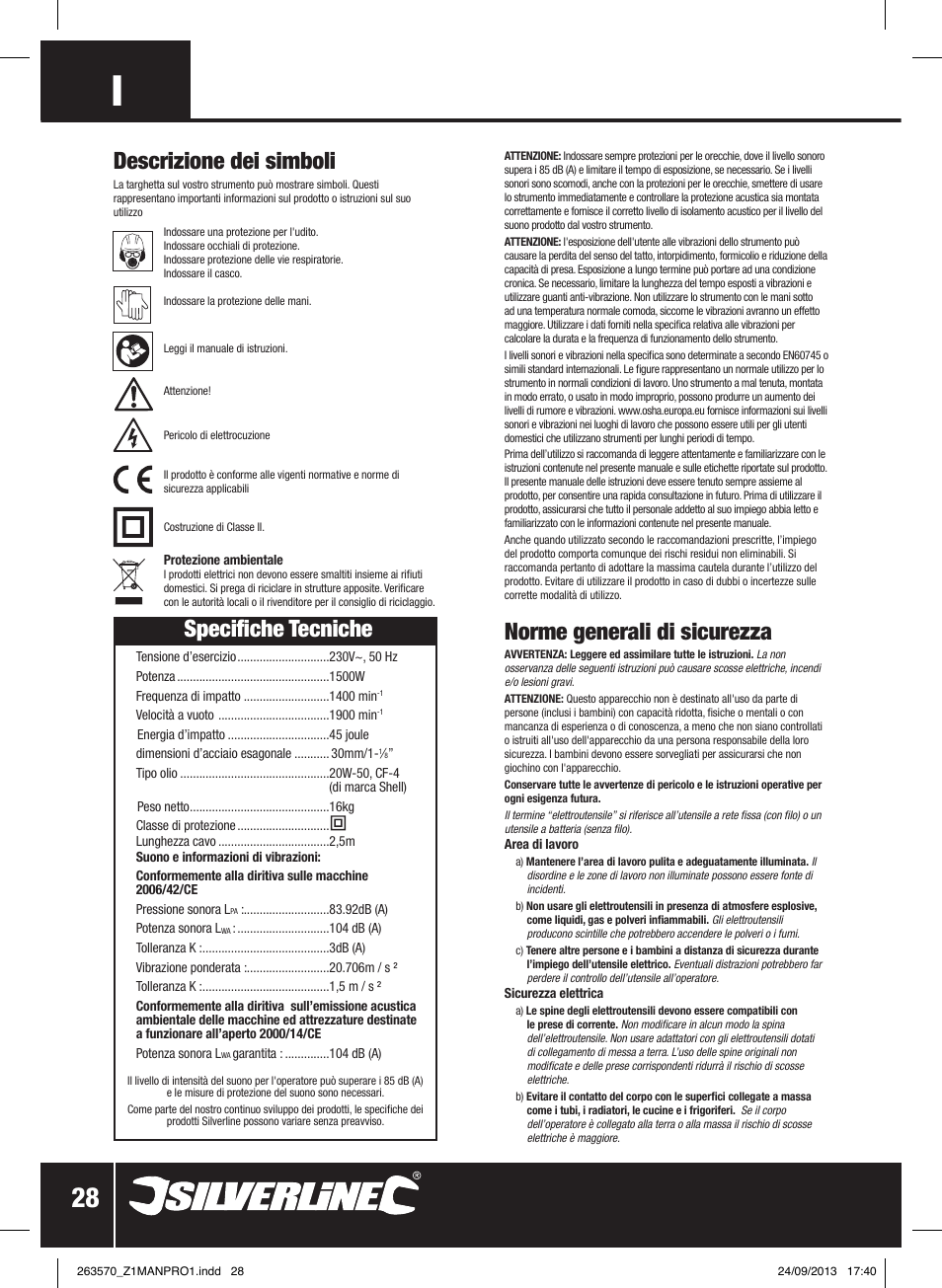 Norme generali di sicurezza, Specifiche tecniche, Descrizione dei simboli | Silverline 1500W Electric Breaker User Manual | Page 29 / 40