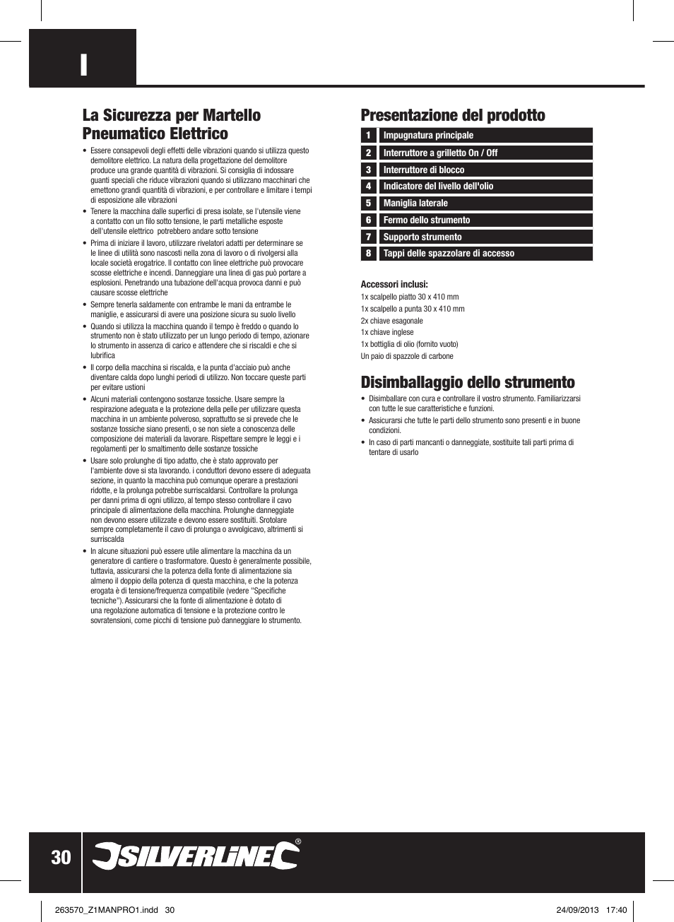 Presentazione del prodotto, Disimballaggio dello strumento, La sicurezza per martello pneumatico elettrico | Silverline 1500W Electric Breaker User Manual | Page 31 / 40