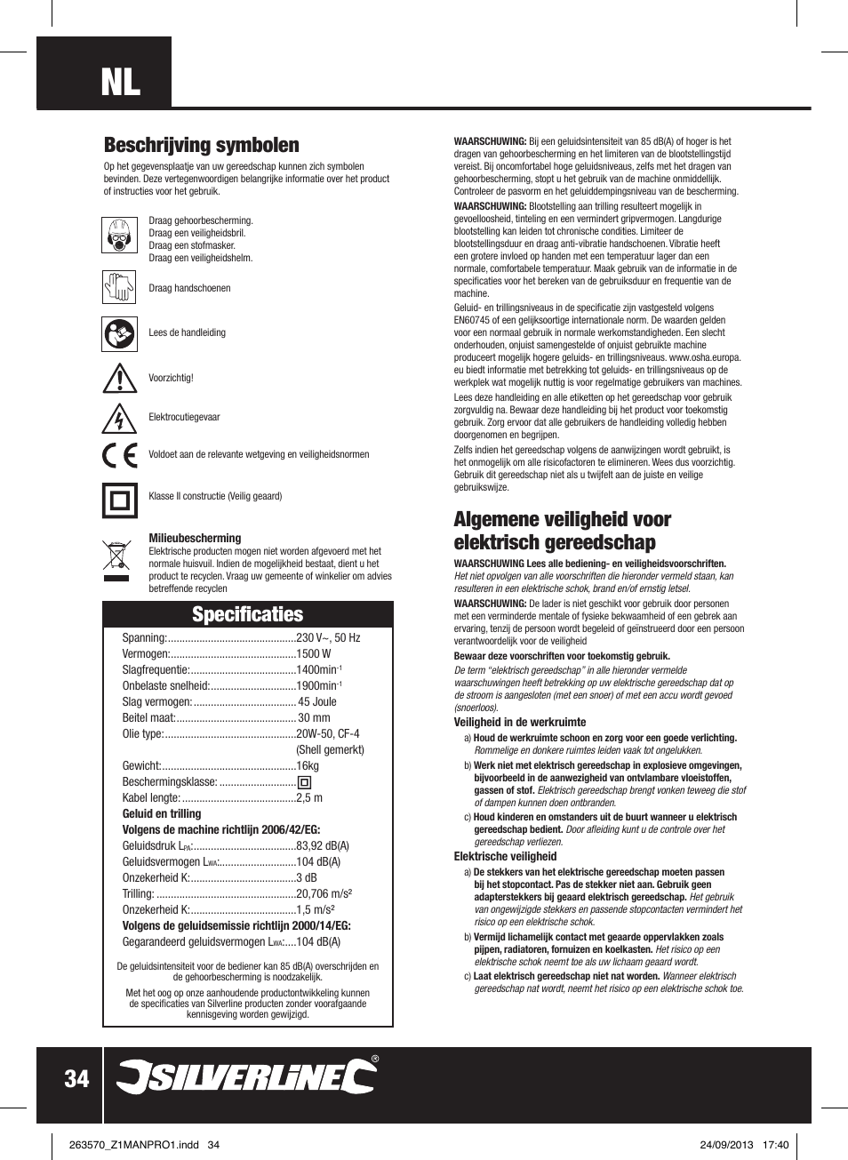 Specificaties, Algemene veiligheid voor elektrisch gereedschap, Beschrijving symbolen | Silverline 1500W Electric Breaker User Manual | Page 35 / 40