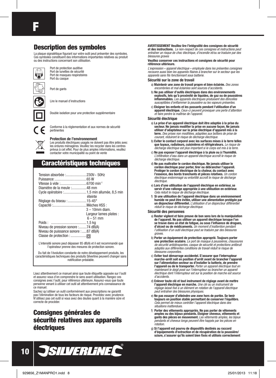 Description des symboles, Caractéristiques techniques | Silverline 65W Multipurpose Sharpener User Manual | Page 11 / 30