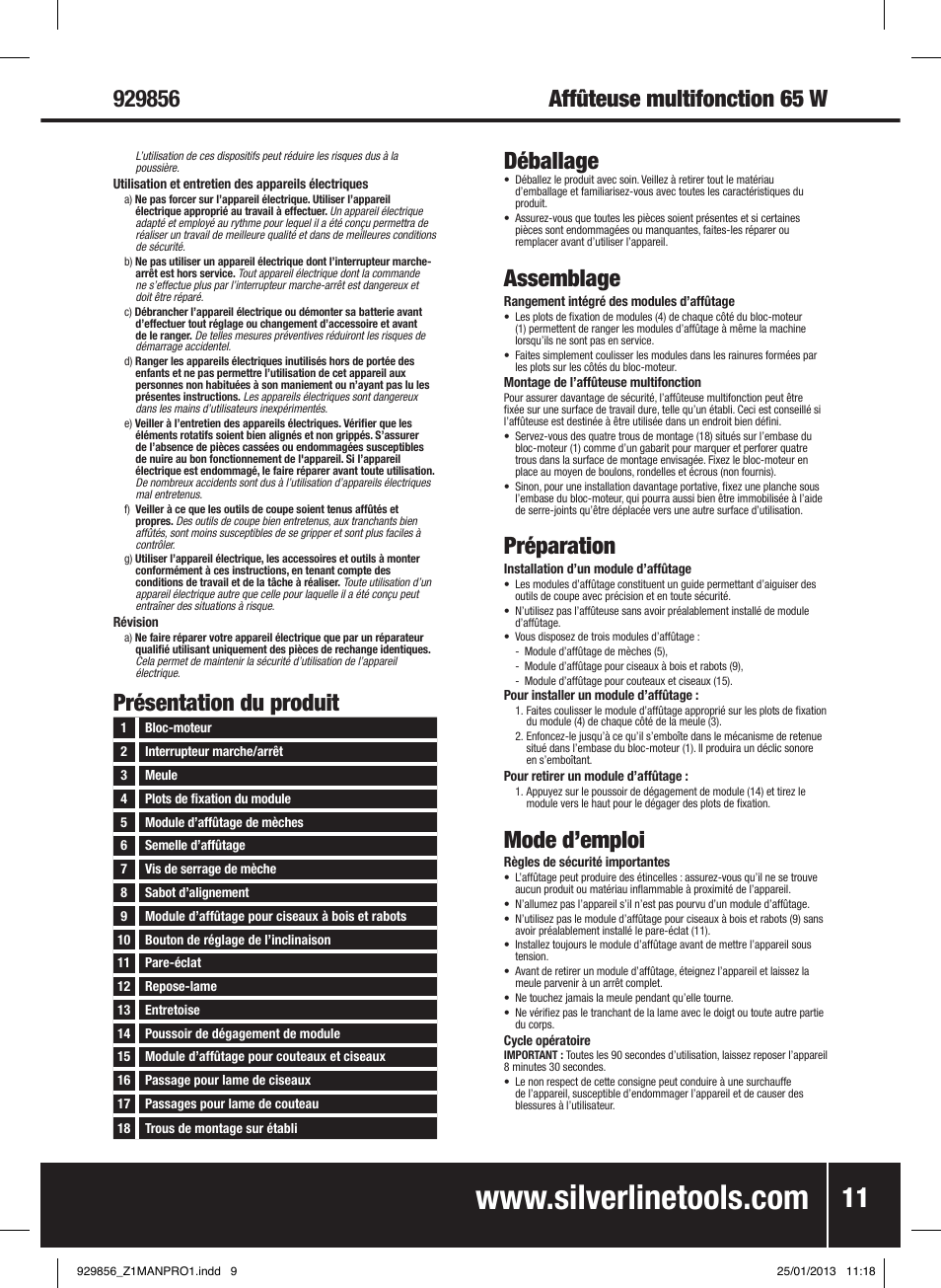 Présentation du produit assemblage, Préparation, Mode d’emploi | Déballage | Silverline 65W Multipurpose Sharpener User Manual | Page 12 / 30