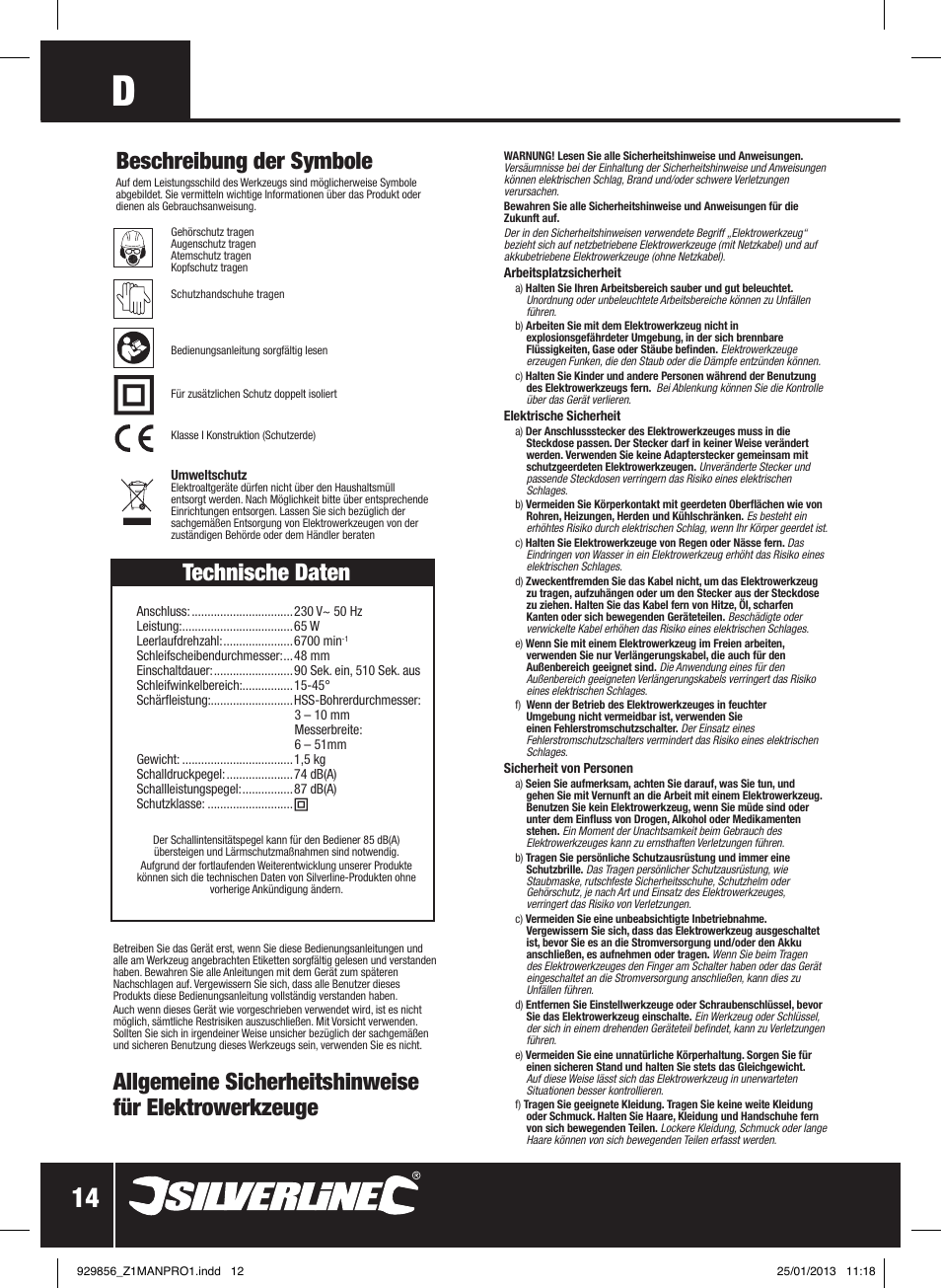 Beschreibung der symbole, Technische daten | Silverline 65W Multipurpose Sharpener User Manual | Page 15 / 30