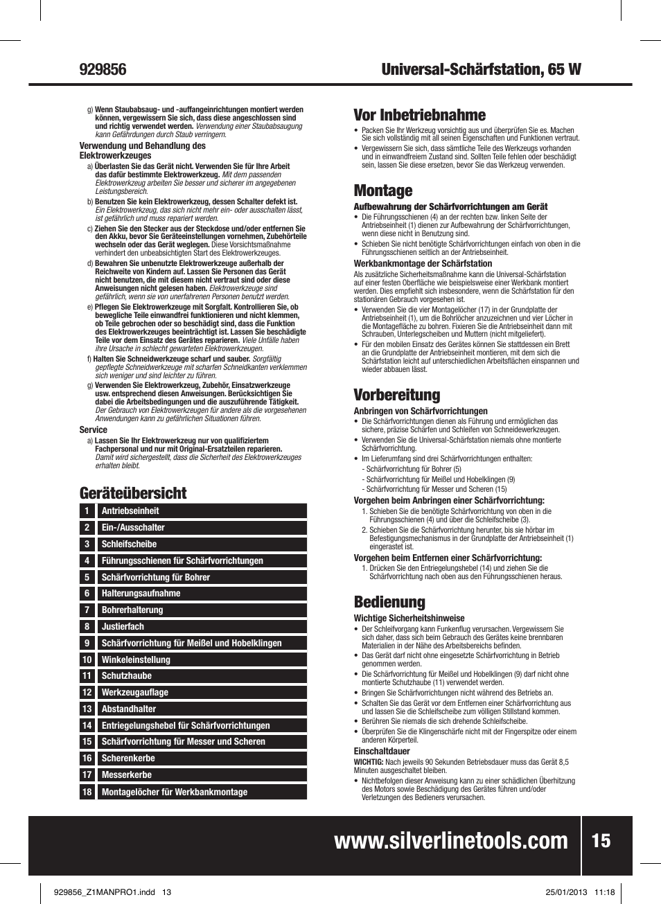 Geräteübersicht vor inbetriebnahme, Montage, Vorbereitung | Bedienung | Silverline 65W Multipurpose Sharpener User Manual | Page 16 / 30