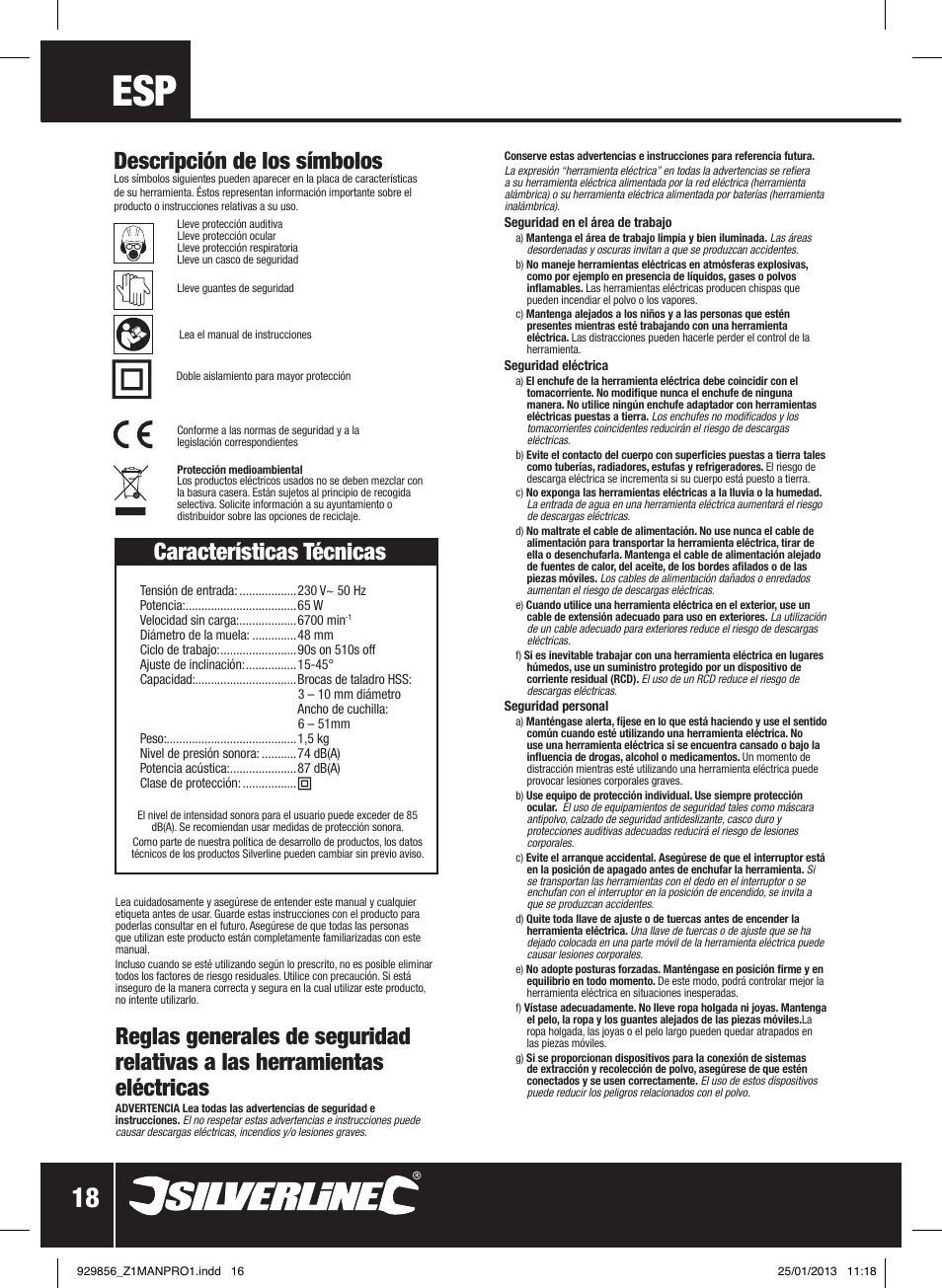 Descripción de los símbolos, Características técnicas | Silverline 65W Multipurpose Sharpener User Manual | Page 19 / 30