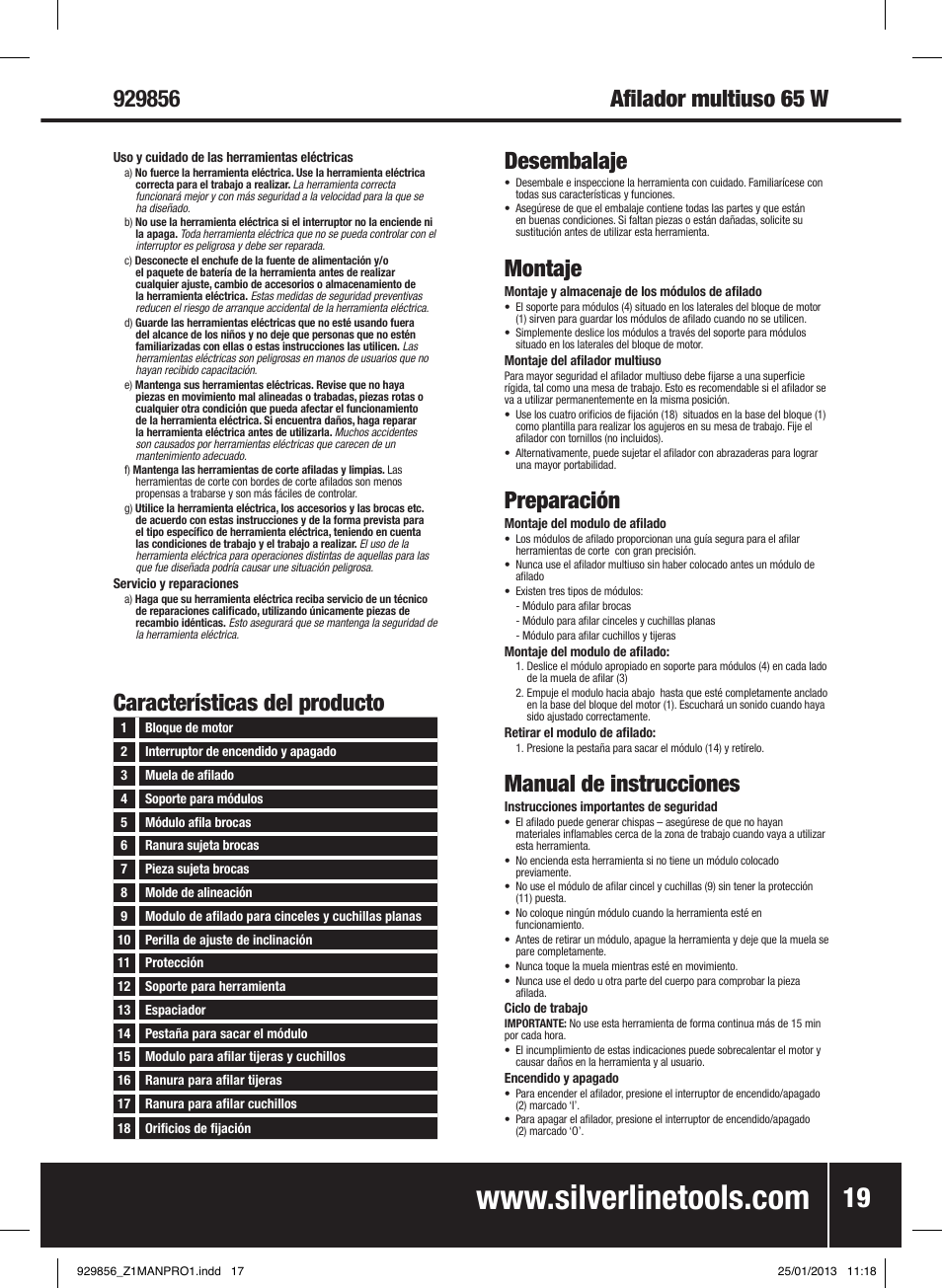 Características del producto desembalaje, Montaje, Preparación | Manual de instrucciones | Silverline 65W Multipurpose Sharpener User Manual | Page 20 / 30