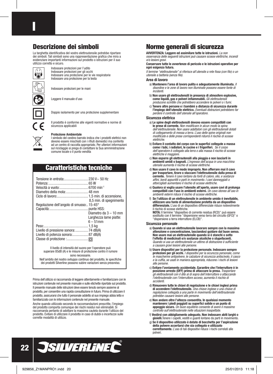 Descrizione dei simboli, Norme generali di sicurezza, Caratteristiche tecniche | Silverline 65W Multipurpose Sharpener User Manual | Page 23 / 30