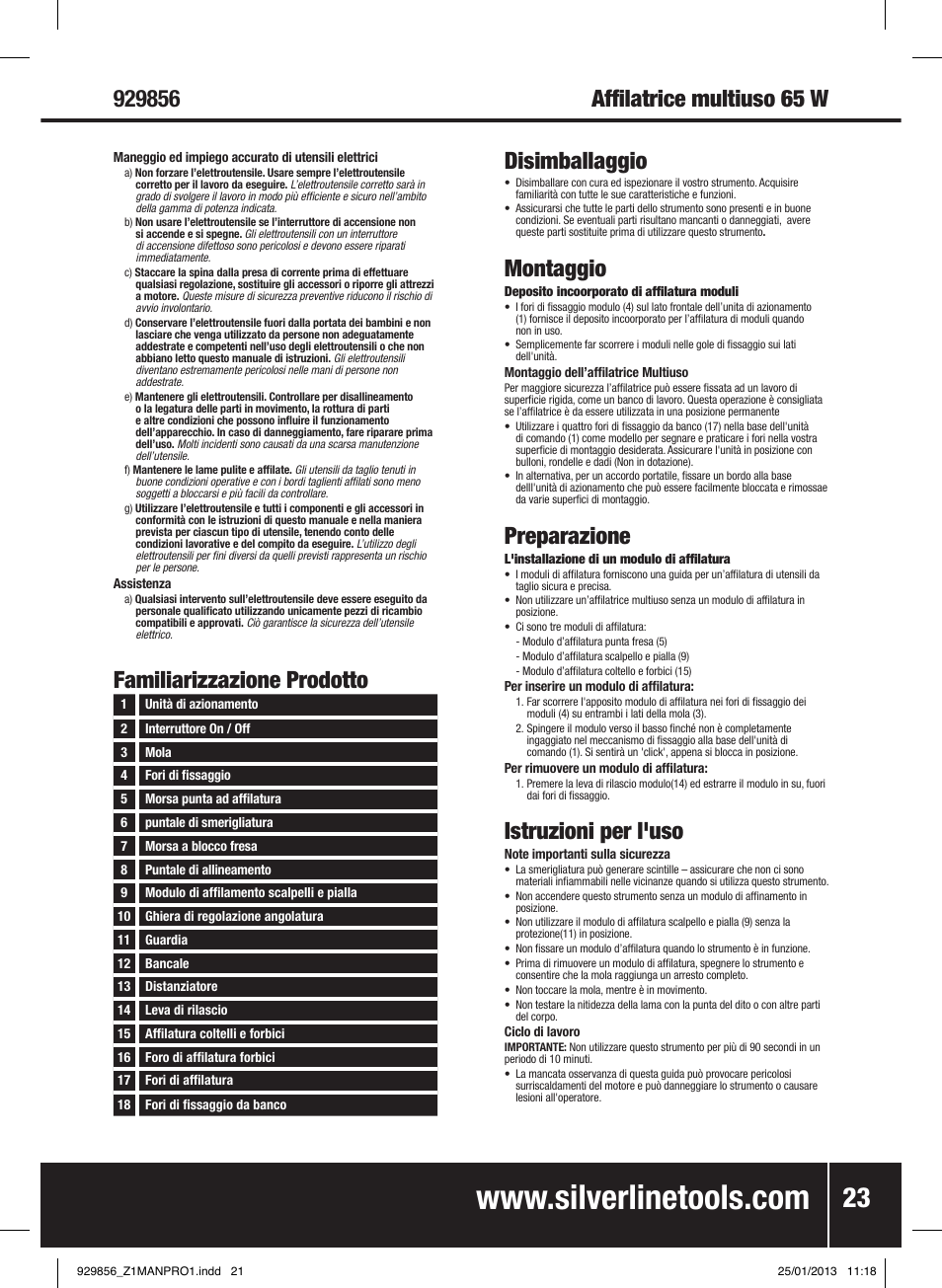 Familiarizzazione prodotto disimballaggio, Montaggio, Preparazione | Istruzioni per l'uso | Silverline 65W Multipurpose Sharpener User Manual | Page 24 / 30