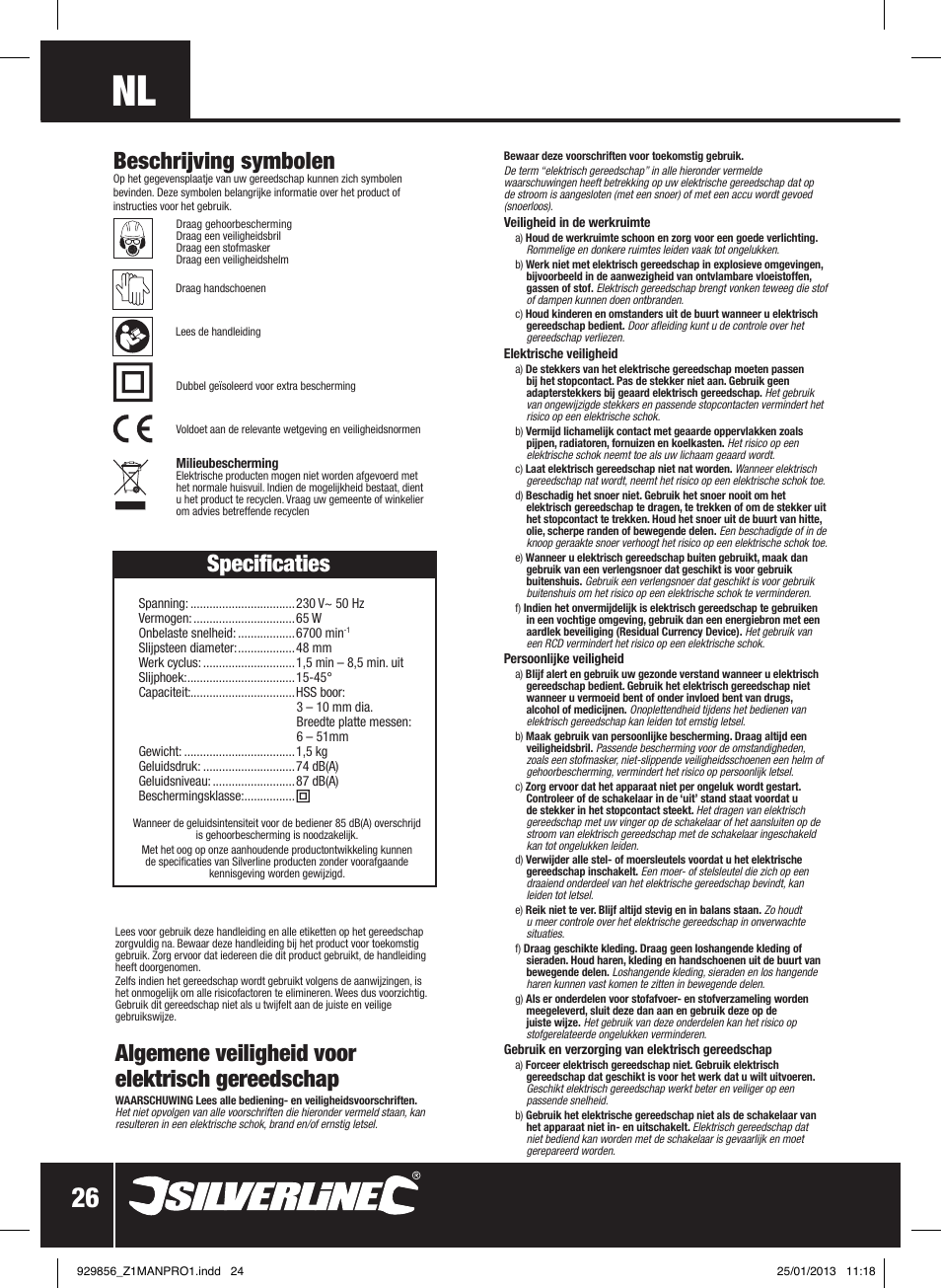 Beschrijving symbolen, Specificaties, Algemene veiligheid voor elektrisch gereedschap | Silverline 65W Multipurpose Sharpener User Manual | Page 27 / 30