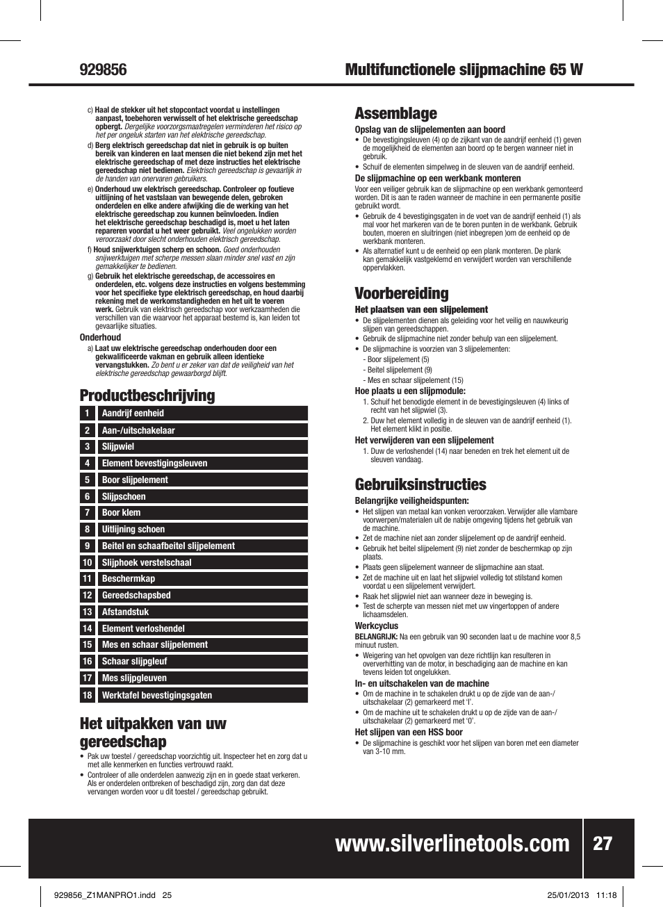 Het uitpakken van uw gereedschap, Productbeschrijving assemblage, Voorbereiding | Gebruiksinstructies | Silverline 65W Multipurpose Sharpener User Manual | Page 28 / 30