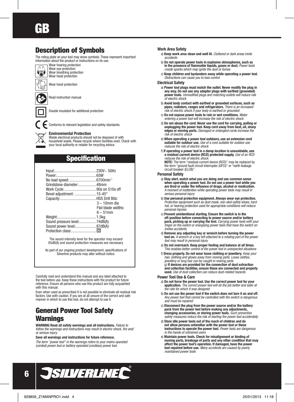 Description of symbols, Specification, General power tool safety warnings | Silverline 65W Multipurpose Sharpener User Manual | Page 7 / 30