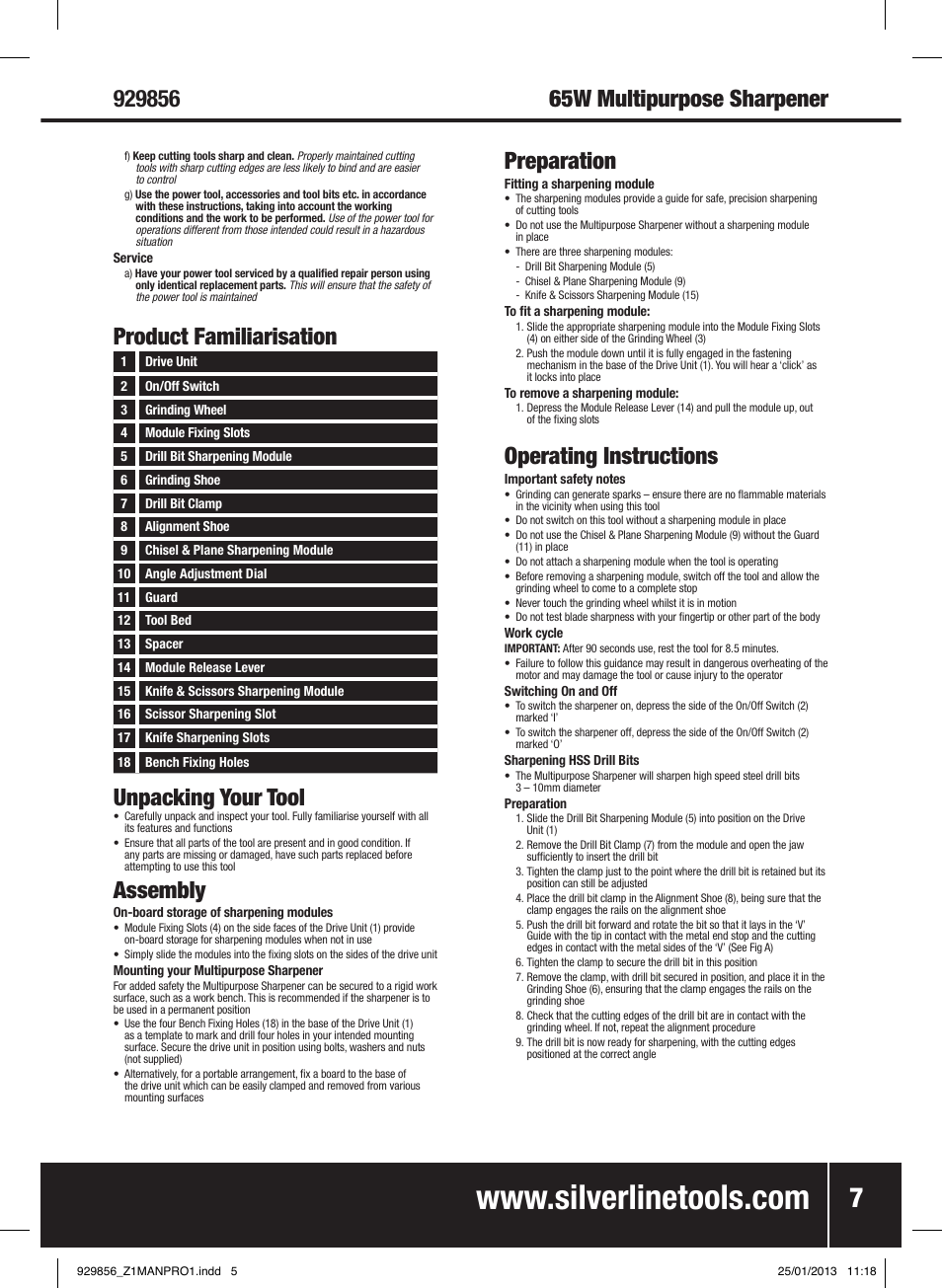 Product familiarisation assembly, Unpacking your tool, 65w multipurpose sharpener preparation | Operating instructions | Silverline 65W Multipurpose Sharpener User Manual | Page 8 / 30