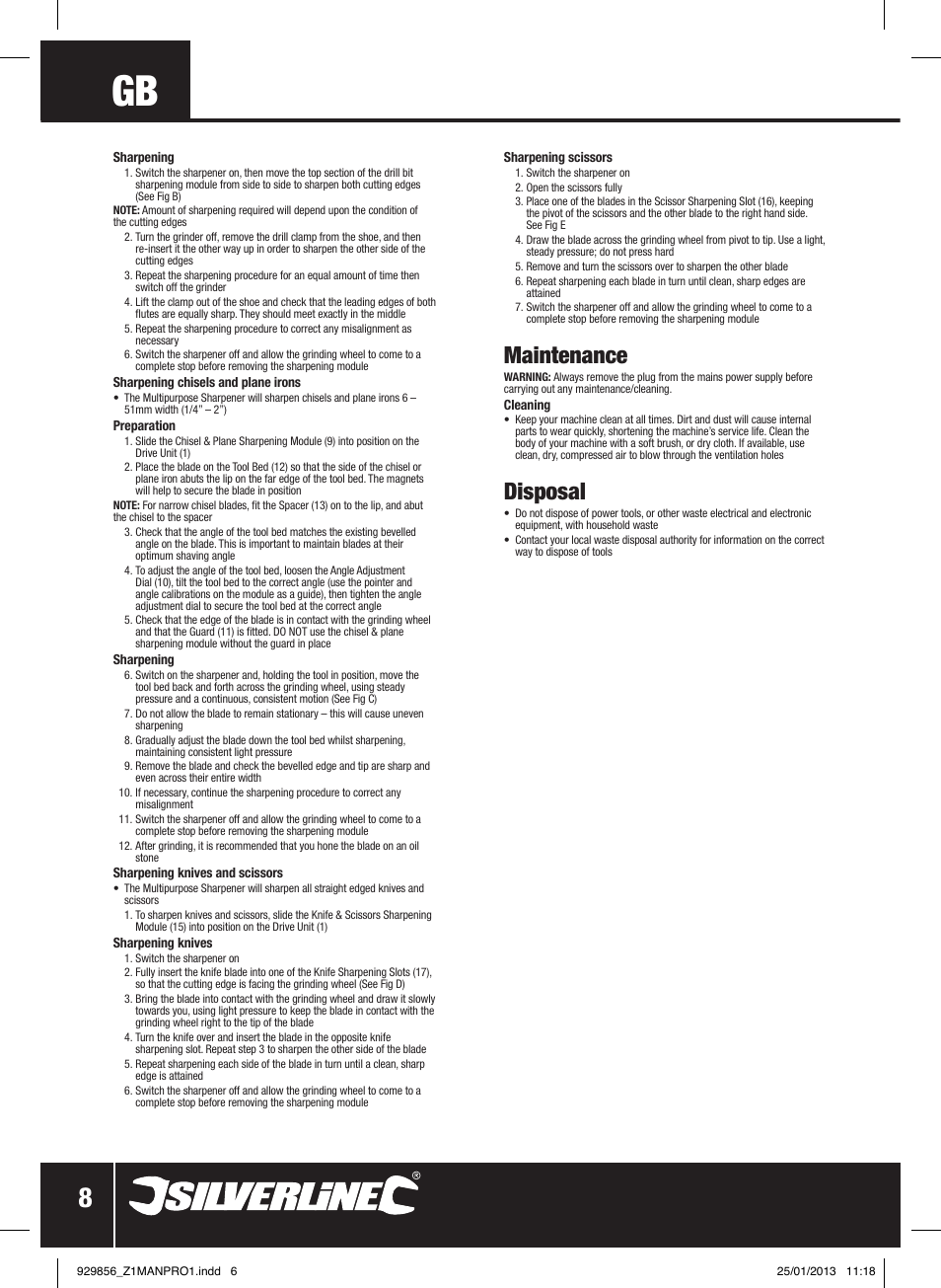 Maintenance, Disposal | Silverline 65W Multipurpose Sharpener User Manual | Page 9 / 30