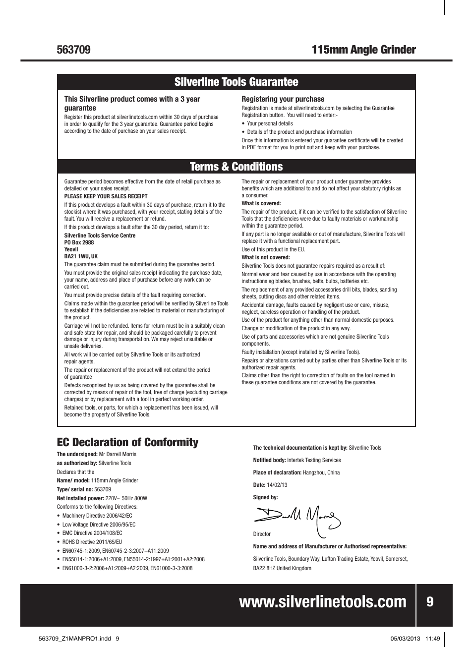 Ec declaration of conformity, Terms & conditions silverline tools guarantee | Silverline 800W Angle Grinder 115mm User Manual | Page 10 / 40