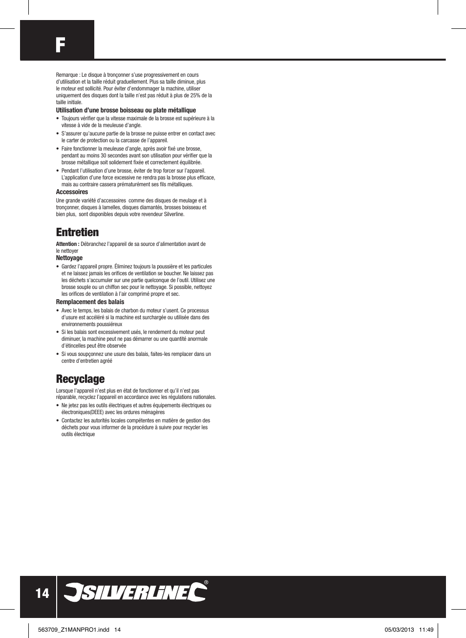 Entretien, Recyclage | Silverline 800W Angle Grinder 115mm User Manual | Page 15 / 40