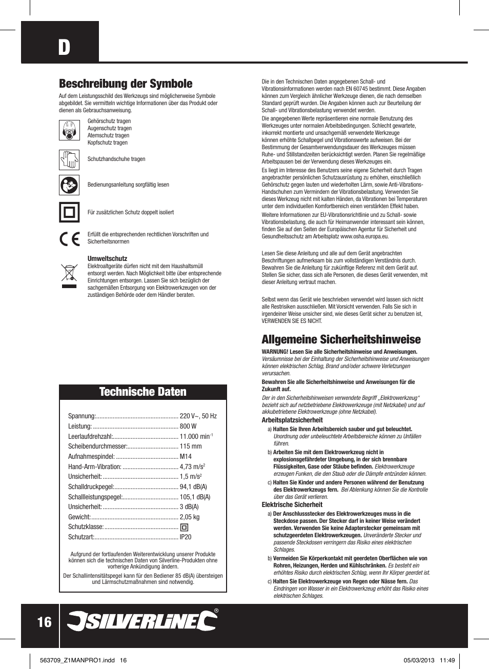 Allgemeine sicherheitshinweise, Beschreibung der symbole, Technische daten | Silverline 800W Angle Grinder 115mm User Manual | Page 17 / 40