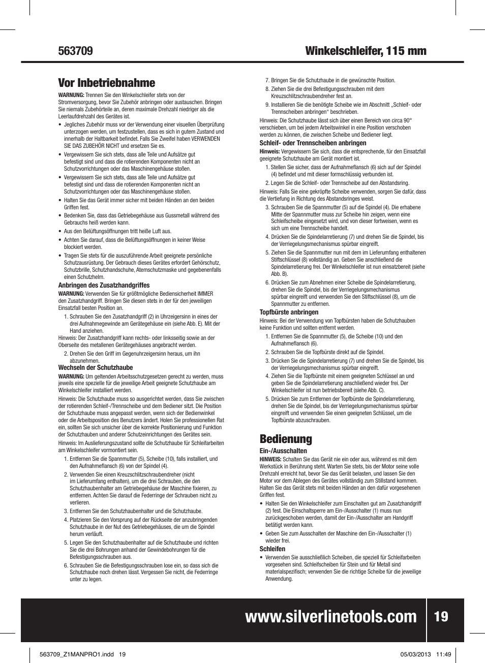 Produktübersicht, Bedienung | Silverline 800W Angle Grinder 115mm User Manual | Page 20 / 40