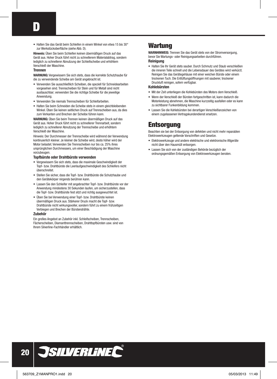 Wartung, Entsorgung | Silverline 800W Angle Grinder 115mm User Manual | Page 21 / 40