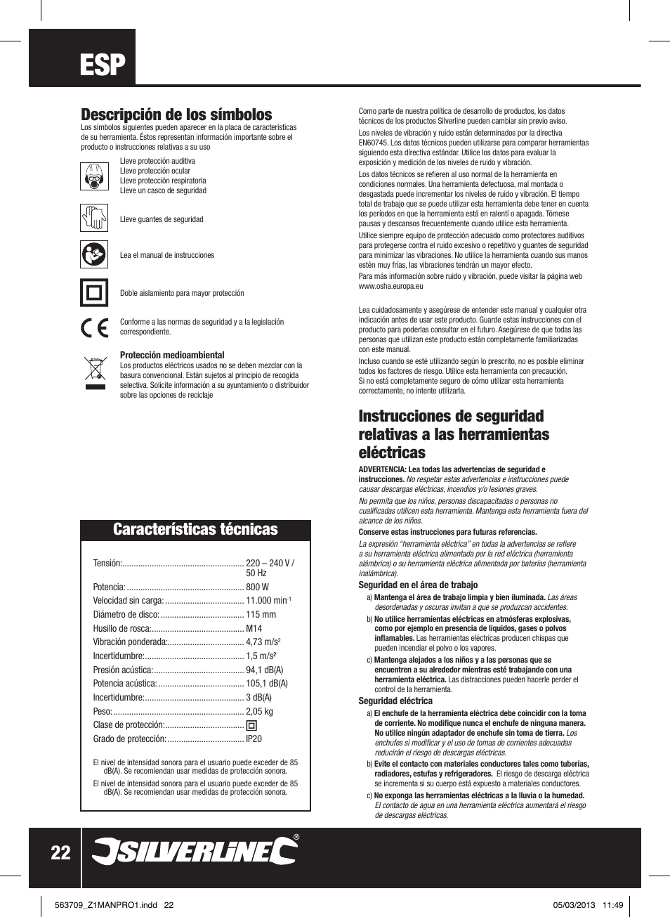 Descripción de los símbolos, Características técnicas | Silverline 800W Angle Grinder 115mm User Manual | Page 23 / 40