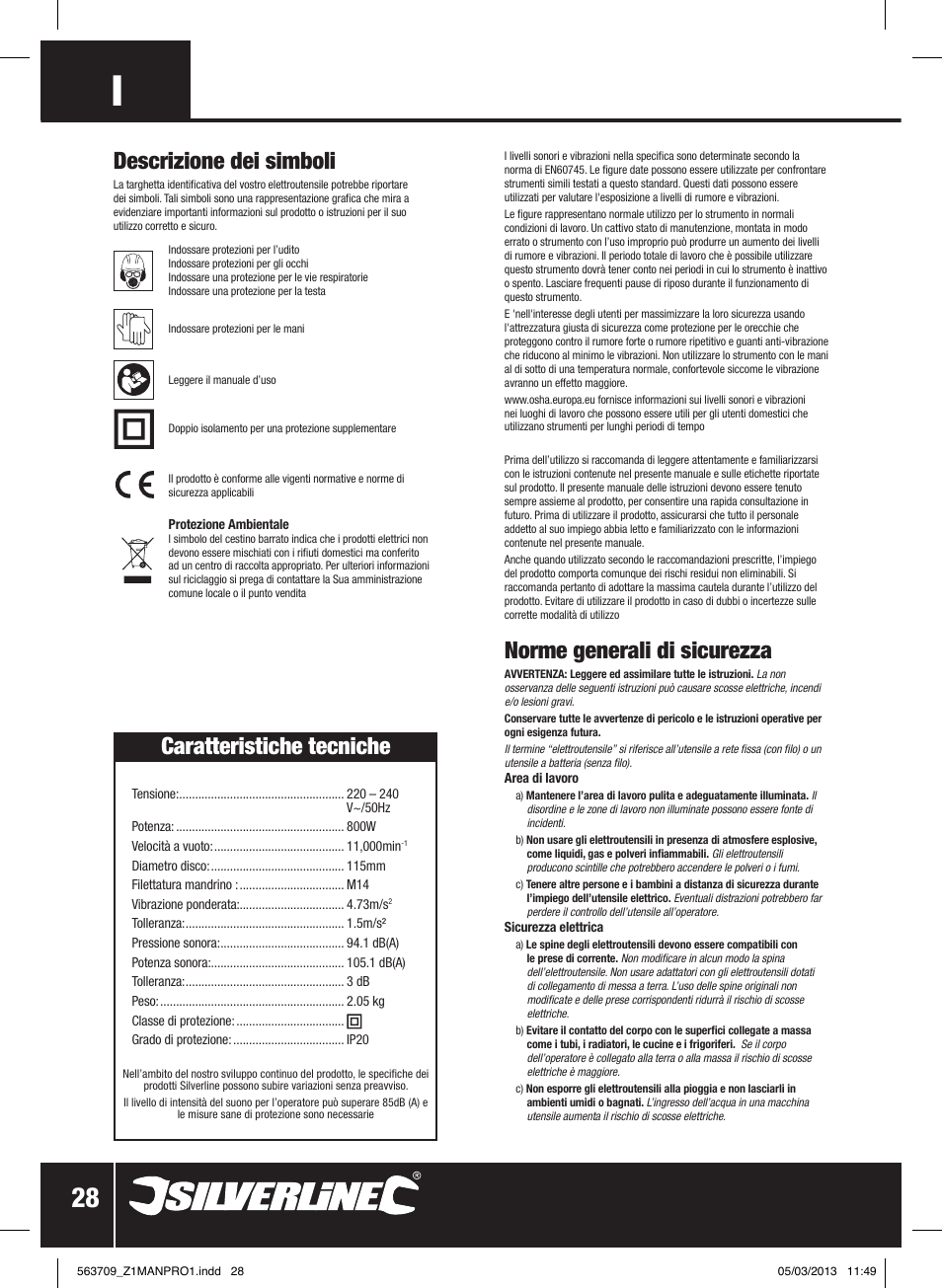 Norme generali di sicurezza, Descrizione dei simboli, Caratteristiche tecniche | Silverline 800W Angle Grinder 115mm User Manual | Page 29 / 40