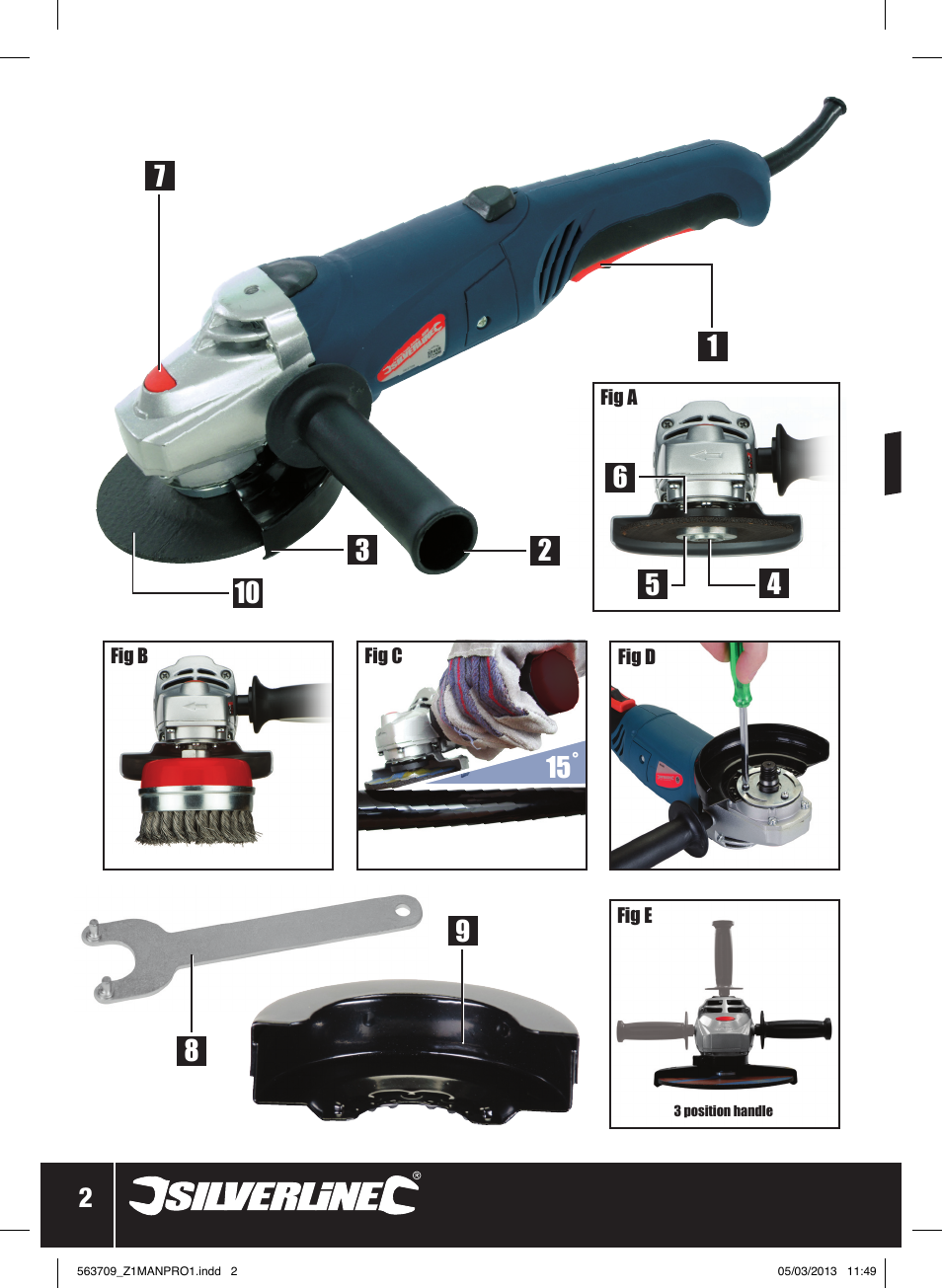 Silverline 800W Angle Grinder 115mm User Manual | Page 3 / 40