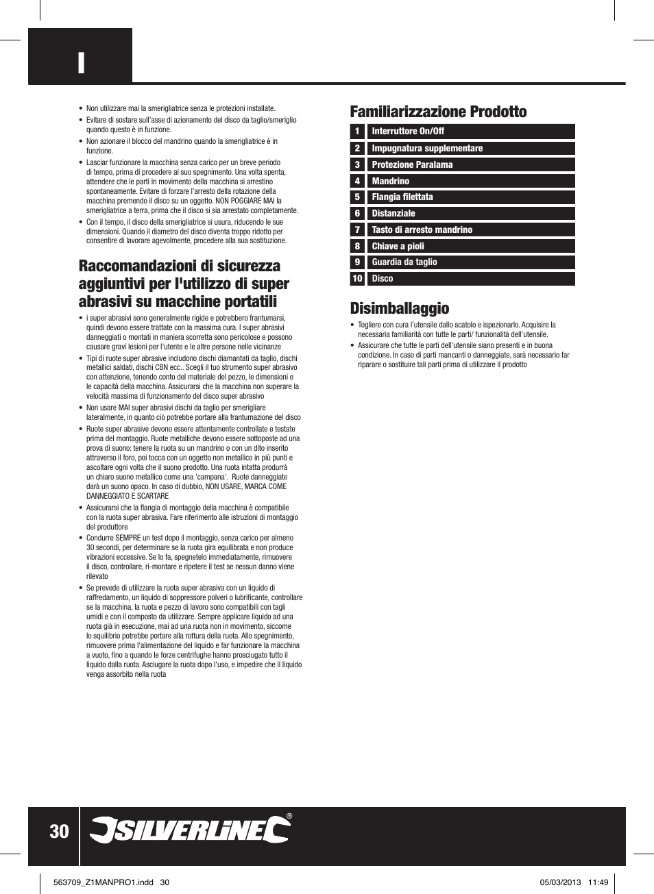 Disimballaggio, Familiarizzazione prodotto | Silverline 800W Angle Grinder 115mm User Manual | Page 31 / 40