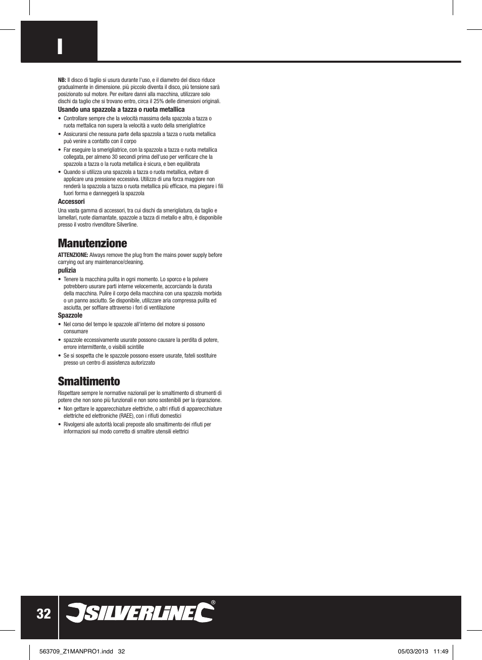 Manutenzione, Smaltimento | Silverline 800W Angle Grinder 115mm User Manual | Page 33 / 40