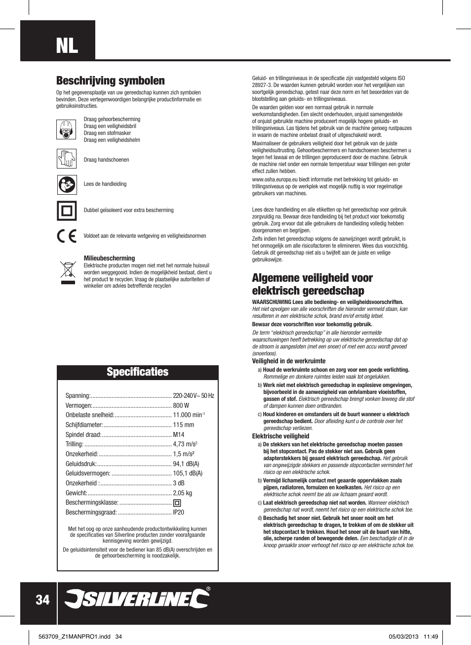 Algemene veiligheid voor elektrisch gereedschap, Beschrijving symbolen, Specificaties | Silverline 800W Angle Grinder 115mm User Manual | Page 35 / 40