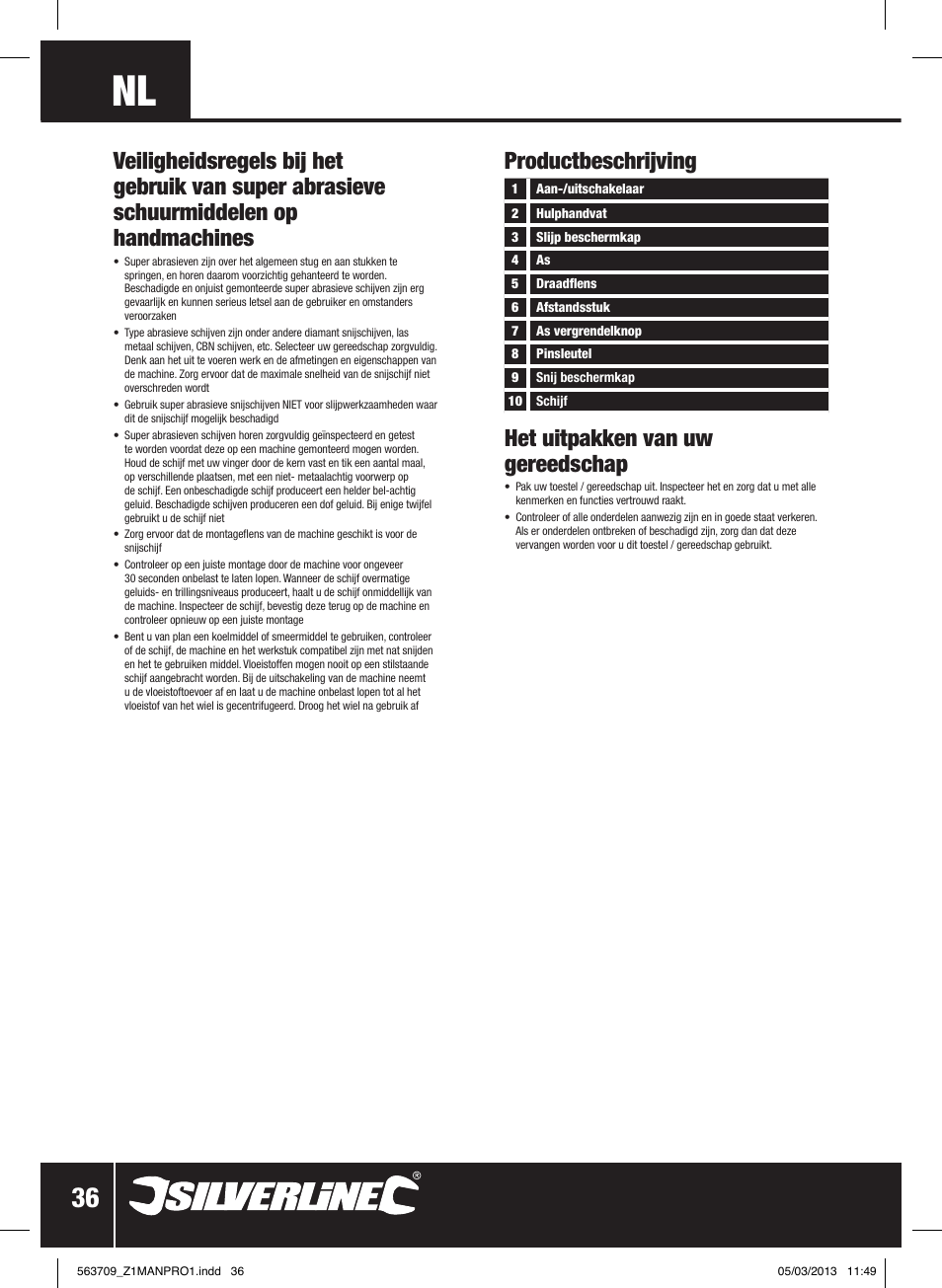 Het uitpakken van uw gereedschap, Productbeschrijving | Silverline 800W Angle Grinder 115mm User Manual | Page 37 / 40