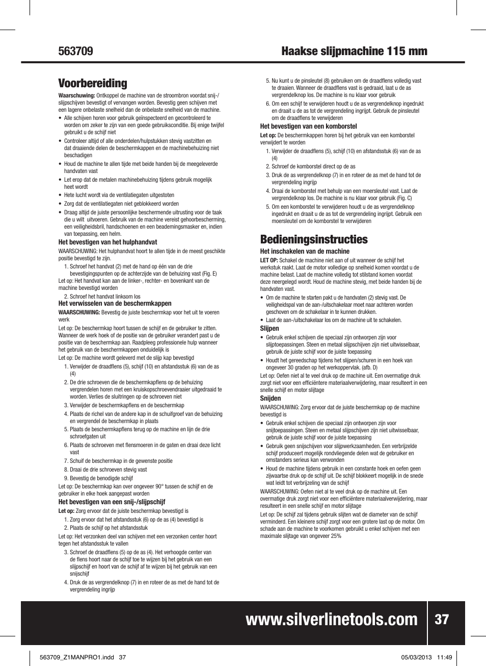 Bedieningsinstructies | Silverline 800W Angle Grinder 115mm User Manual | Page 38 / 40